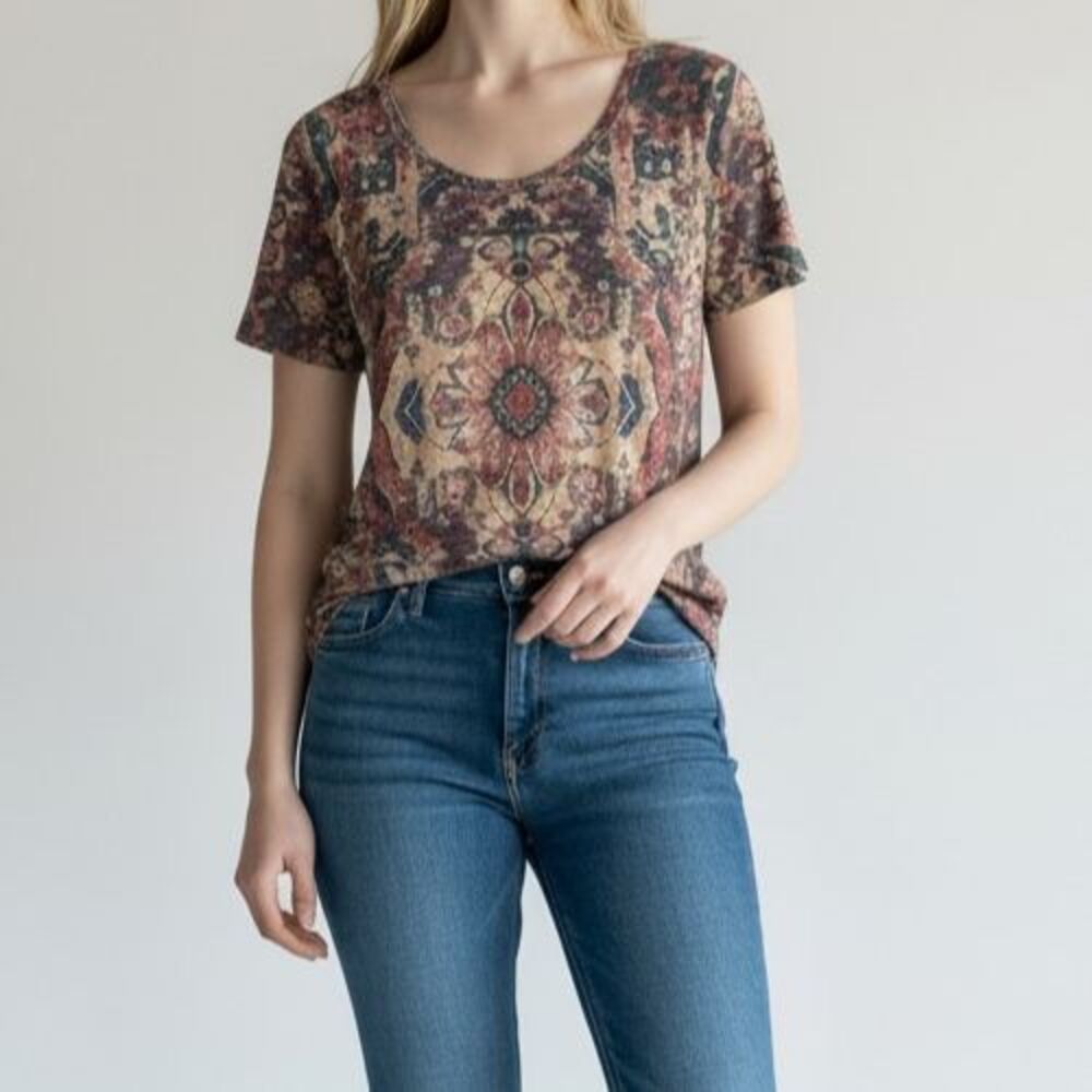 NEW Lucky Brand Ikat Top Women Size XS Pink Blue Boho Bohemian Cap Sleeve Knit